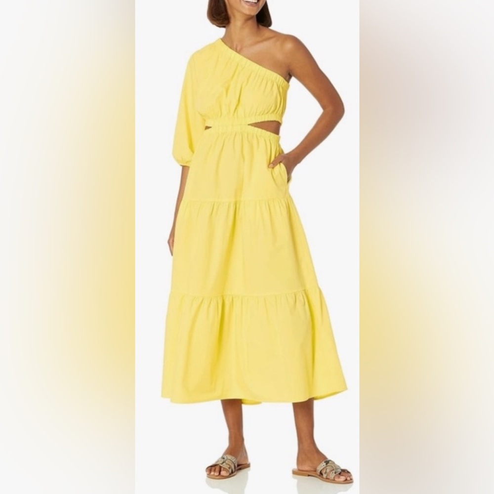 The Drop Women’s XL April One-Shoulder Cut-Out‎ Tiered Midi Dress Lemon Yellow